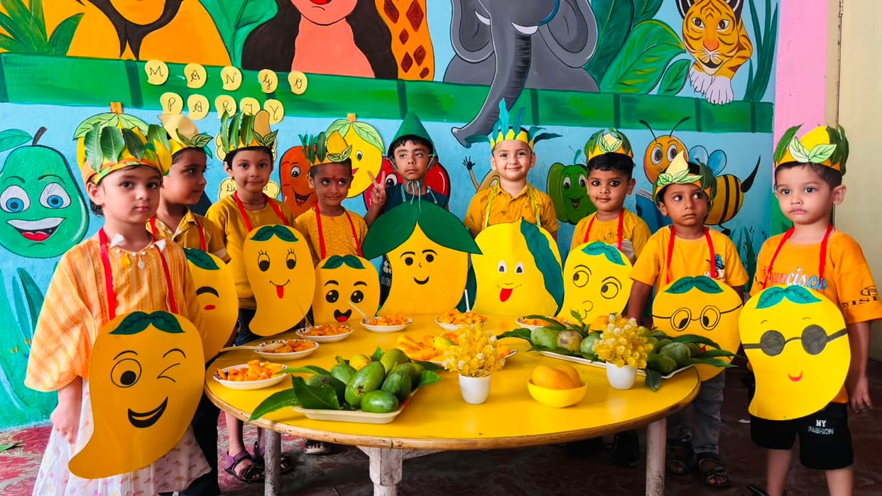 Children arrived at the mango party dressed in yellow.