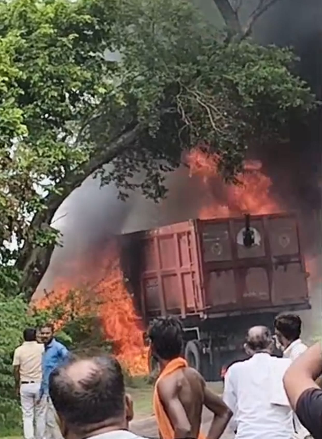 Dumper catches fire after colliding with a tree