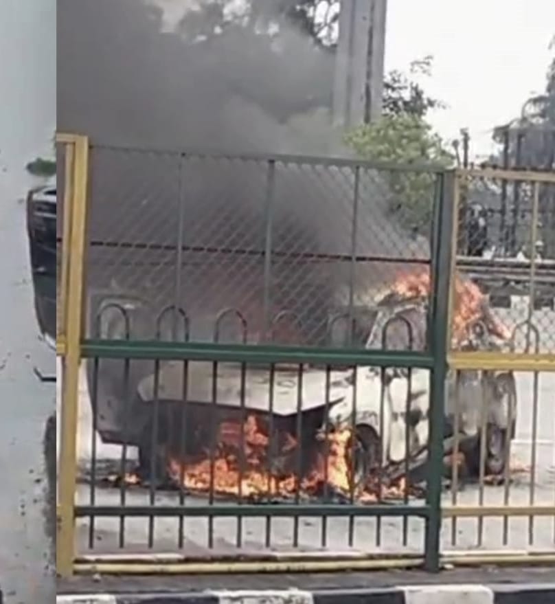 Car catches fire while moving near Sarai Toll; driver survives.
