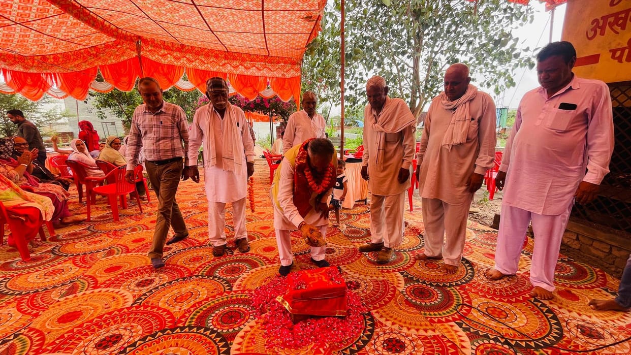 Laying of the foundation stone for the construction of the dome at Khatu Shyam Temple.