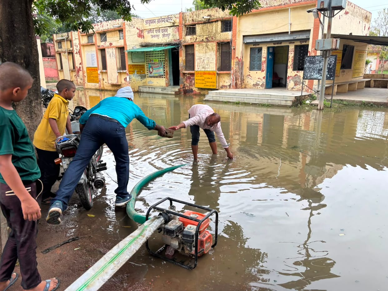 Stagnant water was cleared from the Jalalpur PHC premises using a machine.