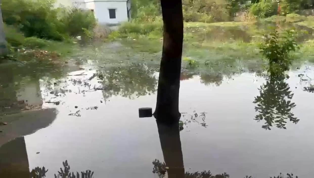Overflowing drain; sewage water floods KDC campus.