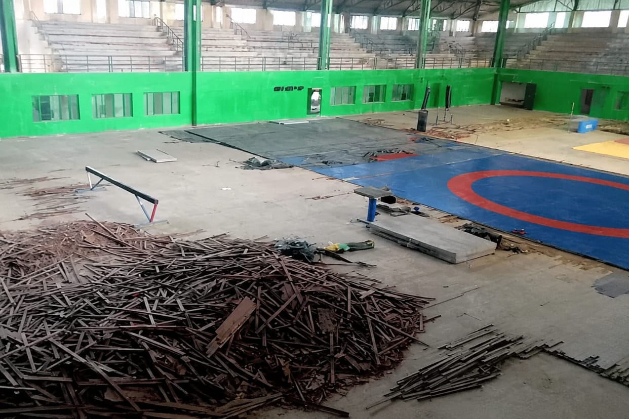 Athletes distressed by the dilapidated state of the sports complex's multi-purpose hall