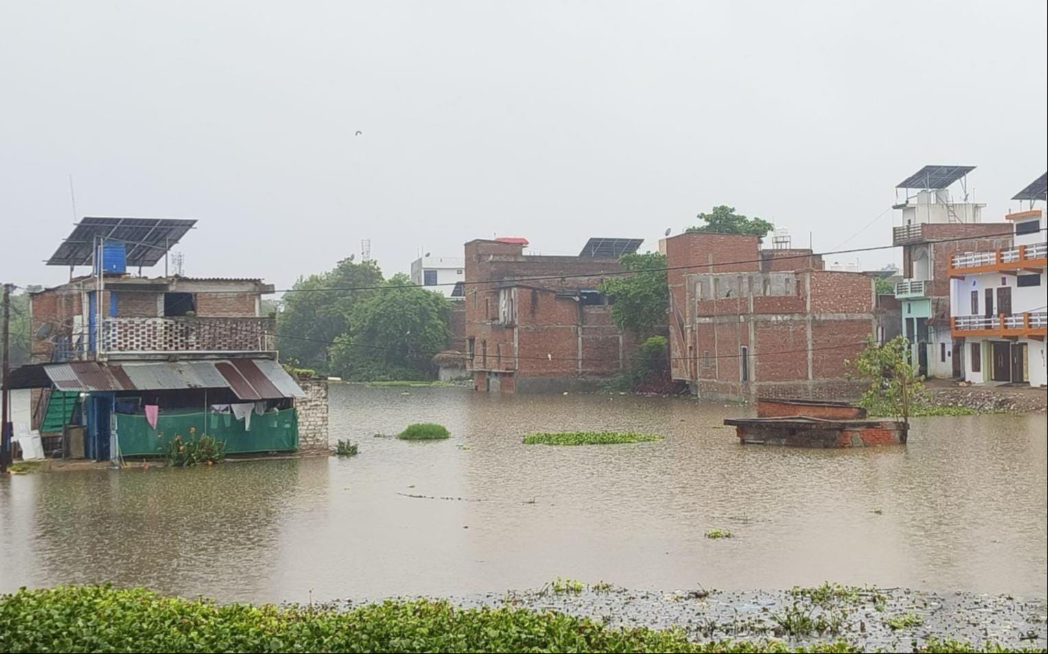 नया पुरवा में पानी से घिरे मकान।  -संवाद