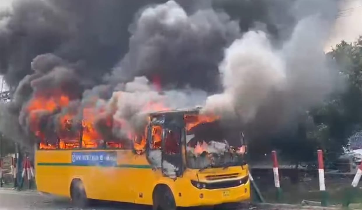 School bus catches fire at the Nandgram cut on the Delhi-Meerut Road