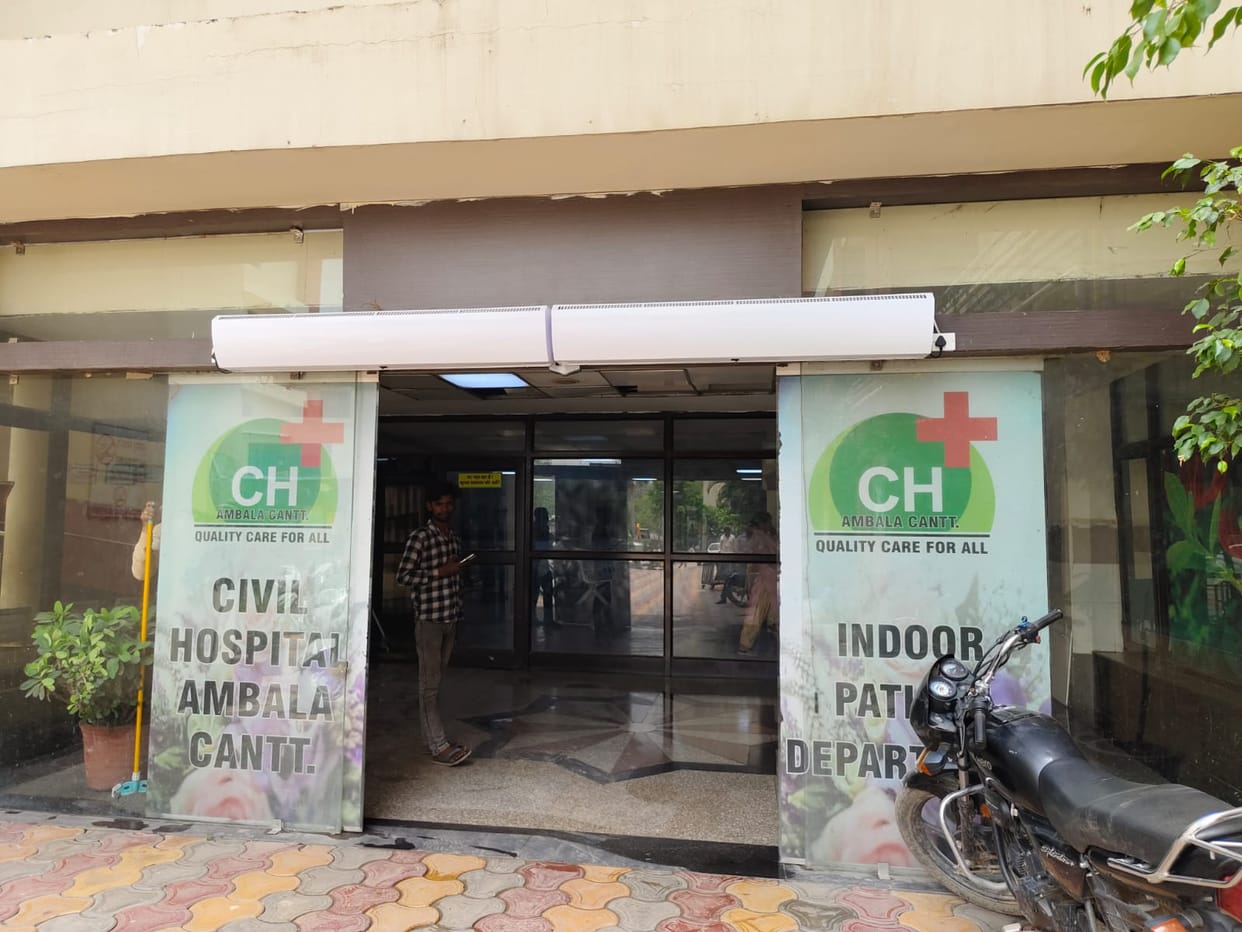 Air blowers installed at the main entrances of Ambala Cantt Civil Hospital to keep out flies, mosquitoes, and dust.