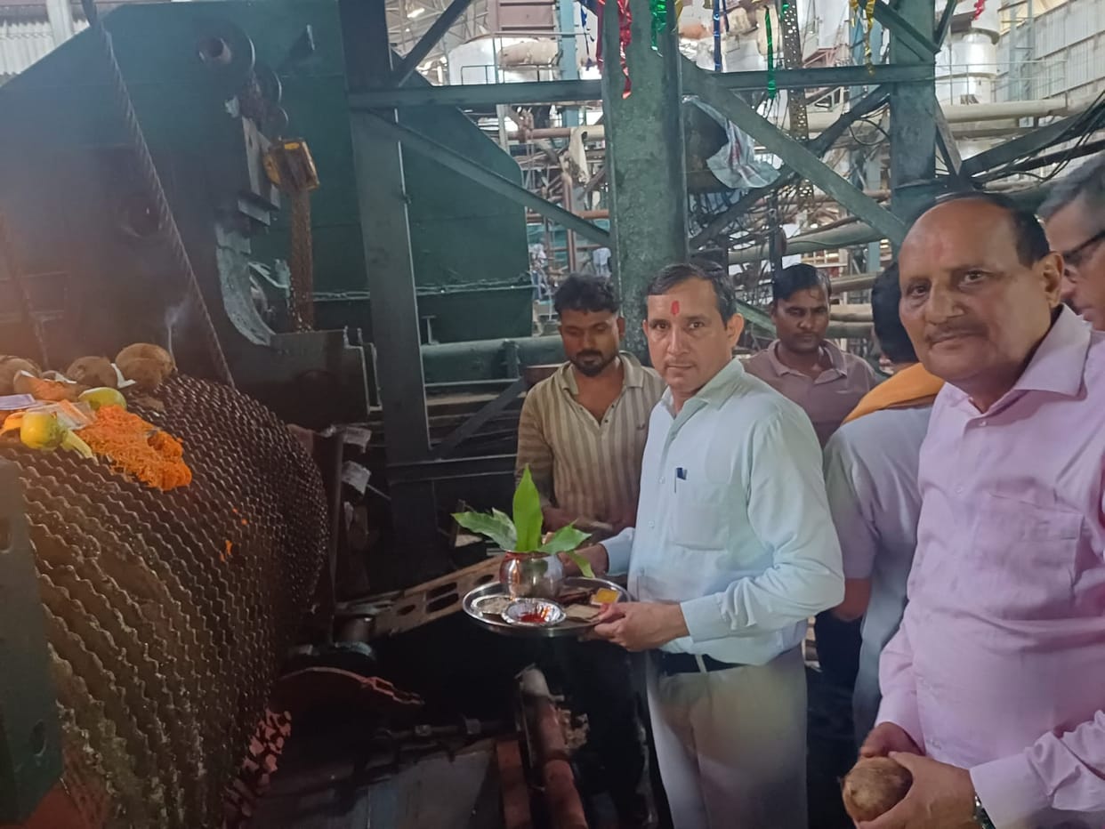 Roller worship ceremony held at the sugar mill amidst Vedic chanting; preparations for the crushing season begin.