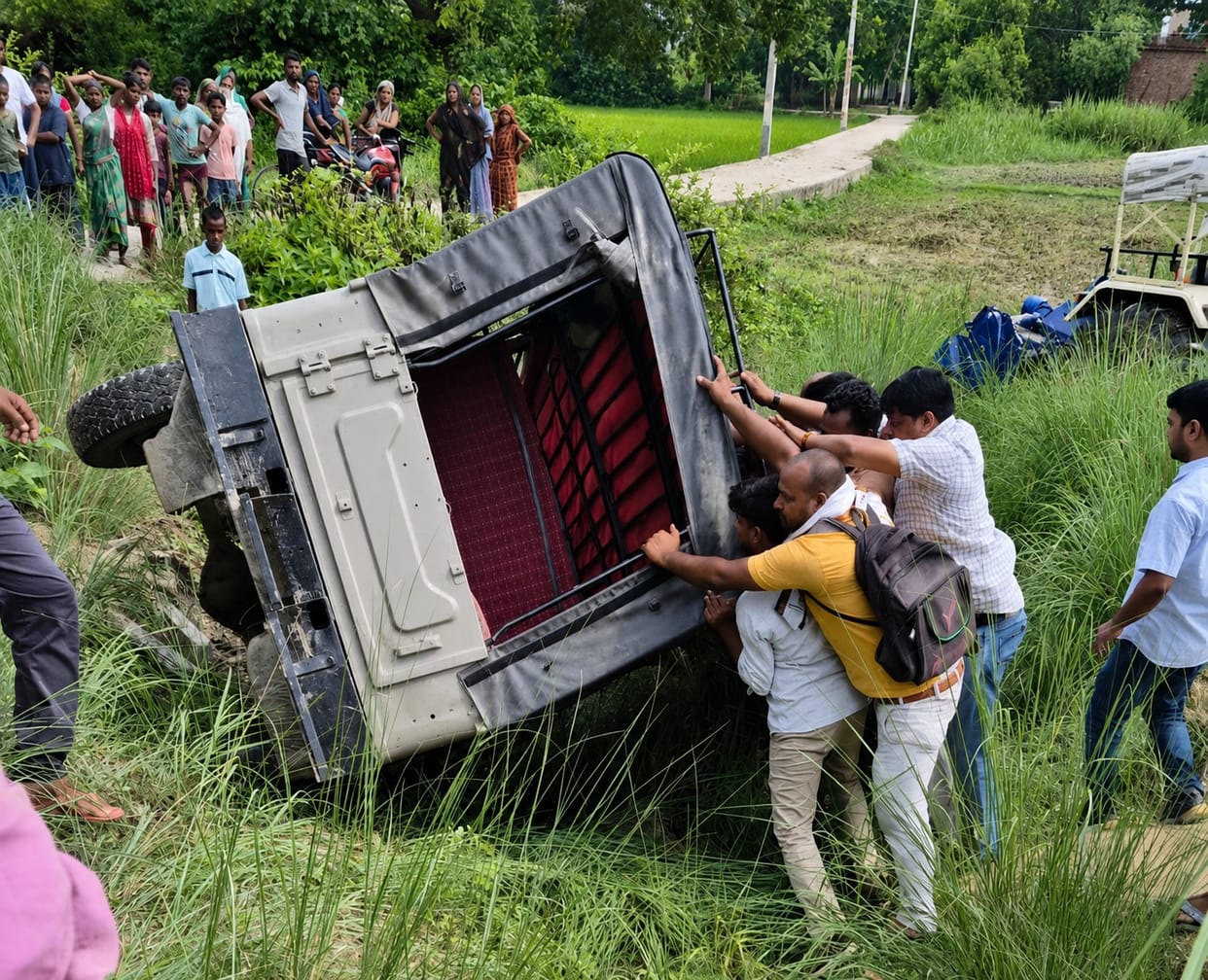A jeep from an unrecognized school overturned, 17 children were on board, one injured