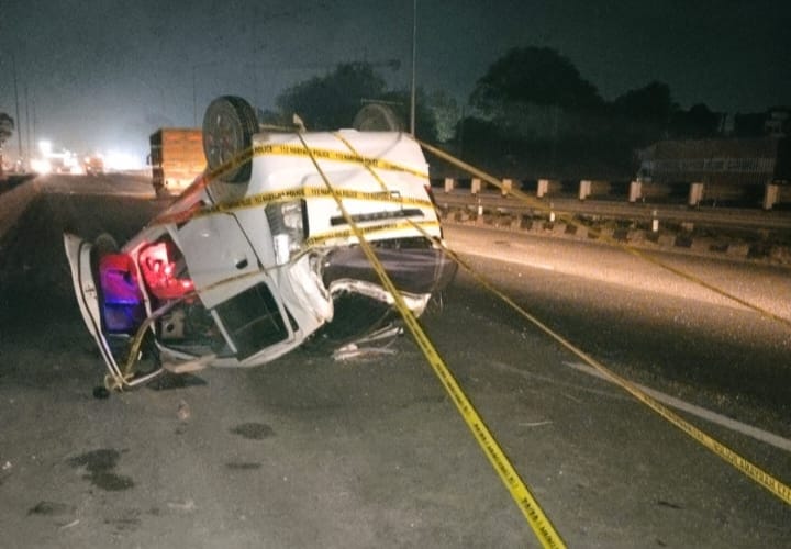 Out-of-control car hits divider; two injured.