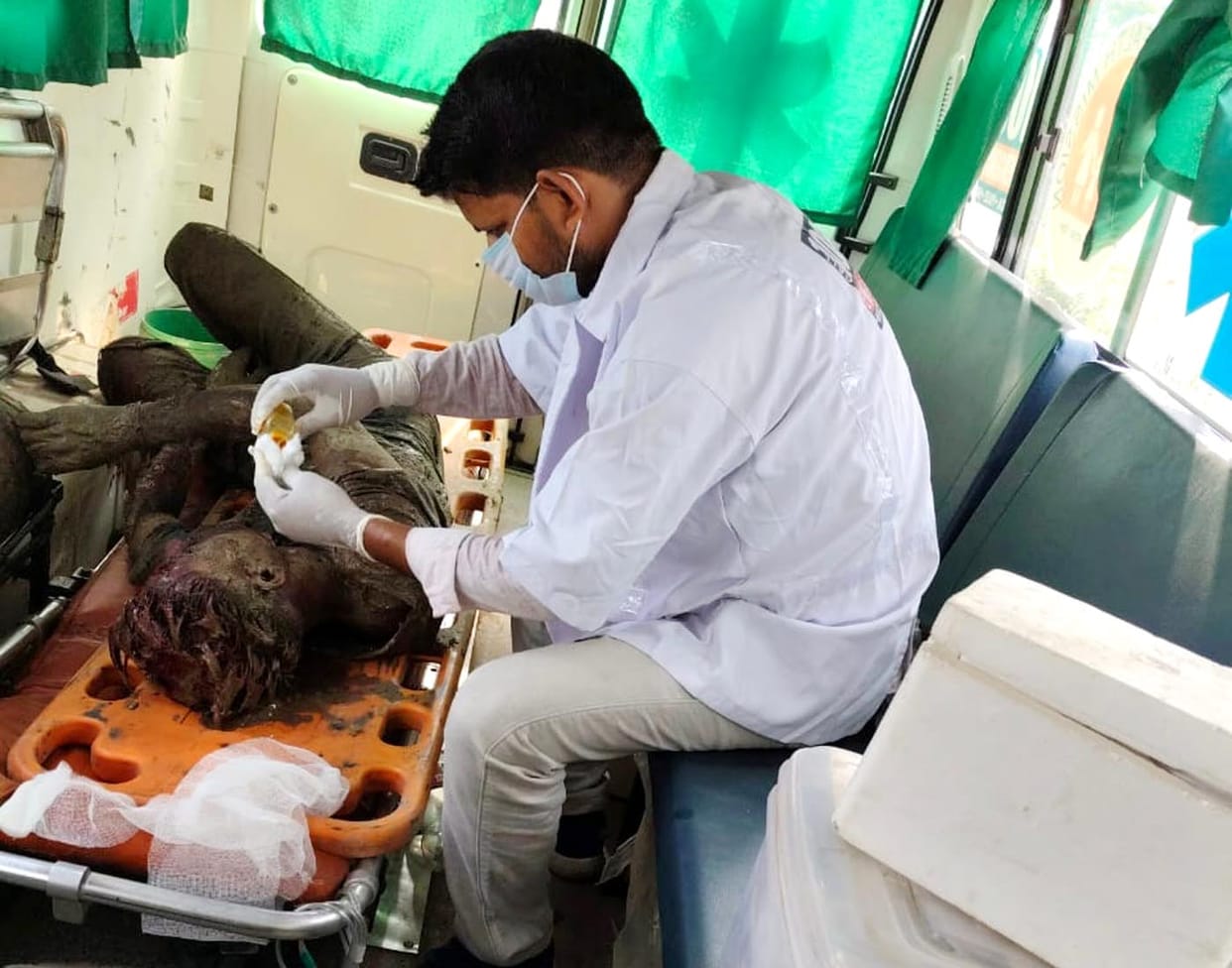 Youth left bloodied after falling from train; life saved by immediate medical treatment.