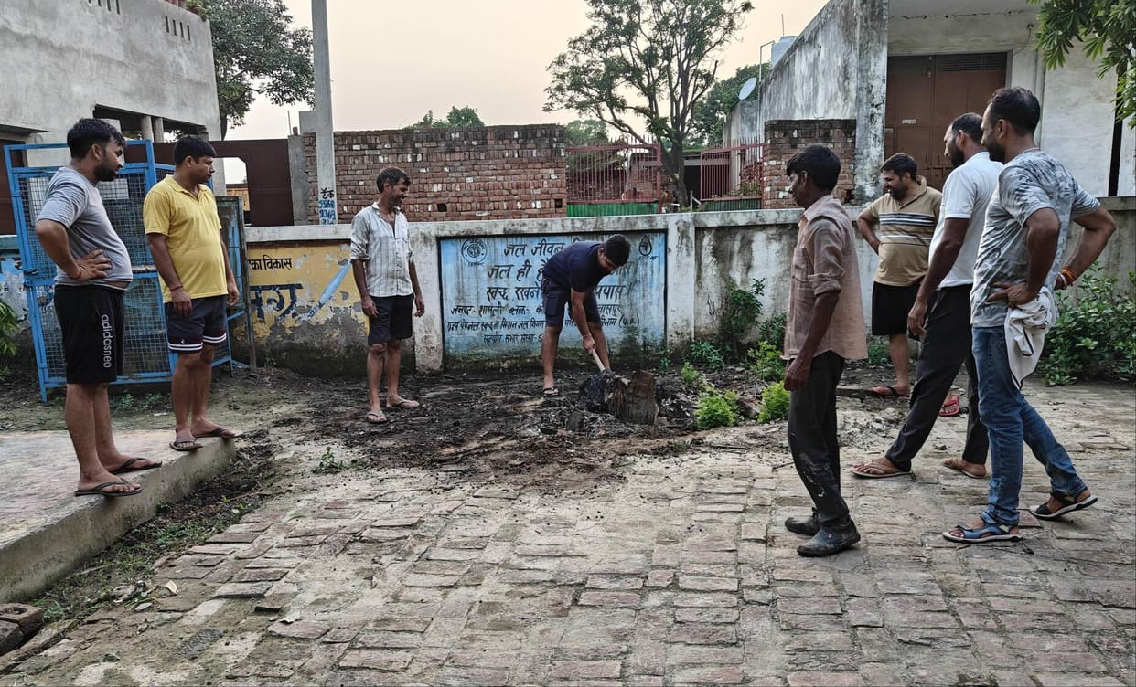 Filth on school premises; villagers launch cleanliness drive.