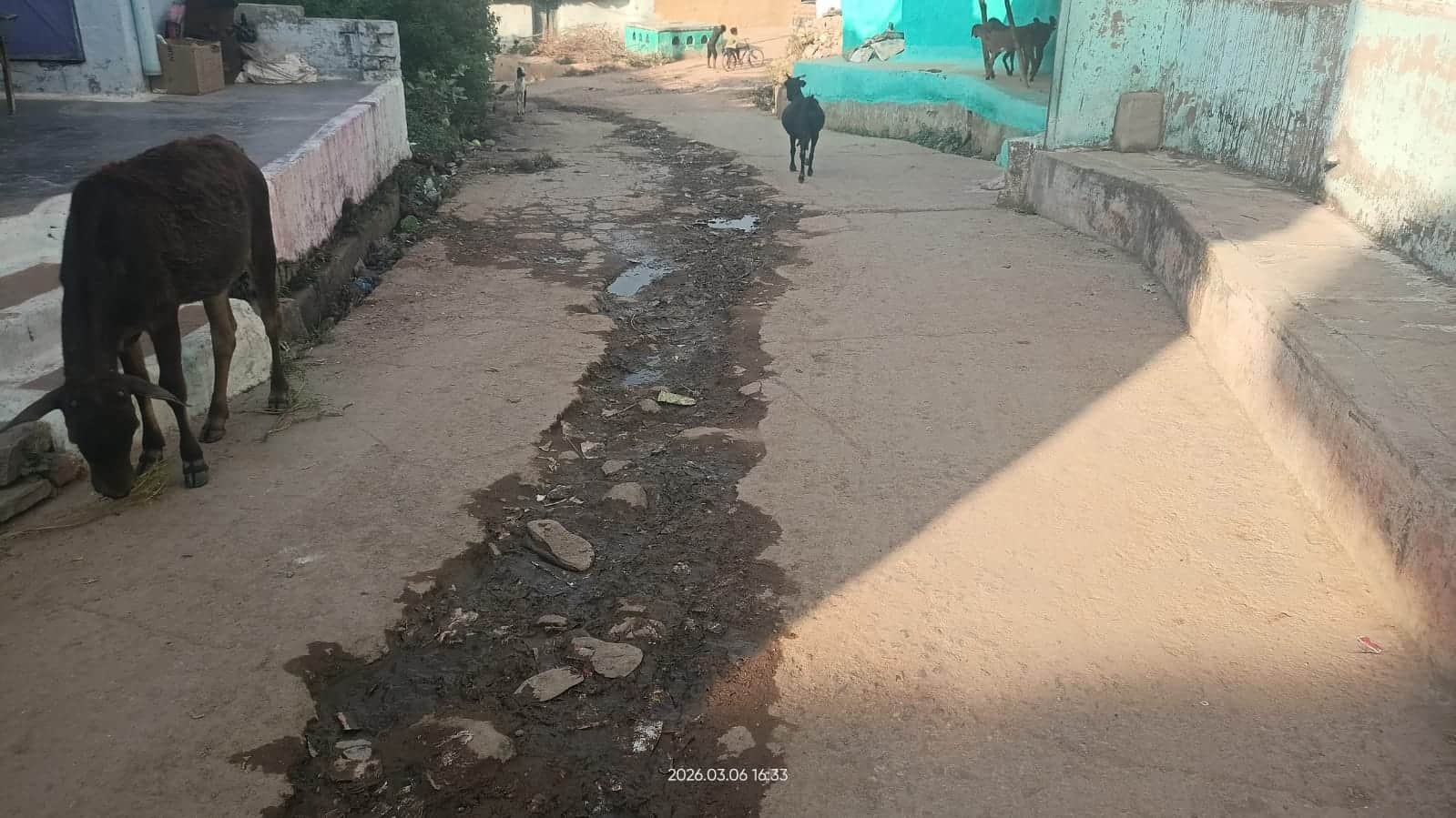 फोटो -6- गांव तरहटी कालिंजर के एक मोहल्ले में जर्जर सड़क। संवाद