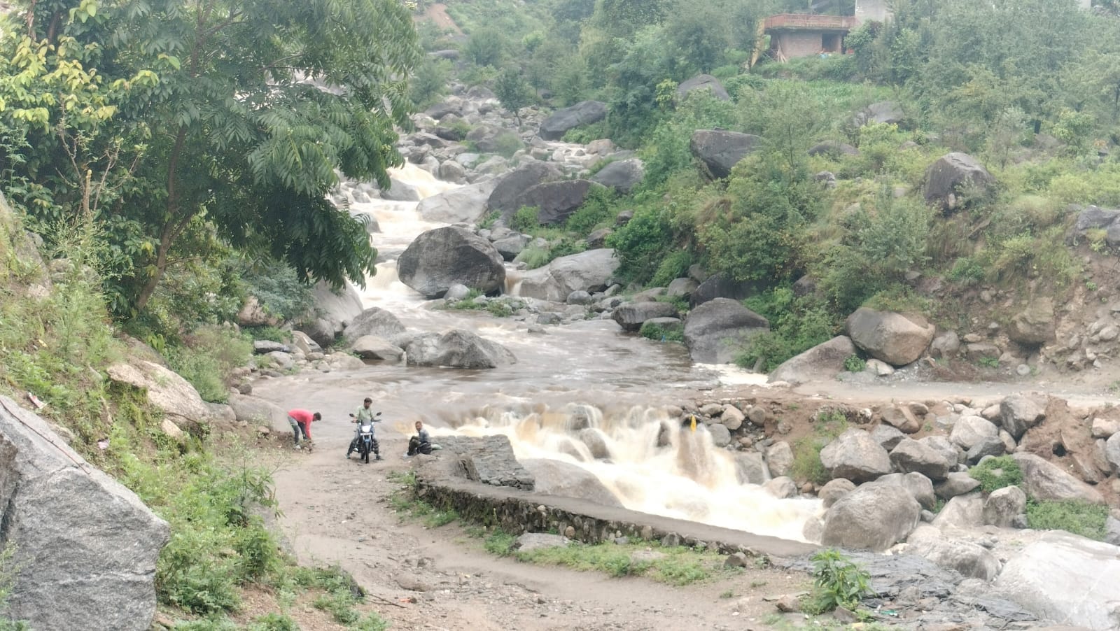 मैहला - चढ़ी मार्ग पर उफ़नता नाला को पार करता वाहन चालक : संवाद