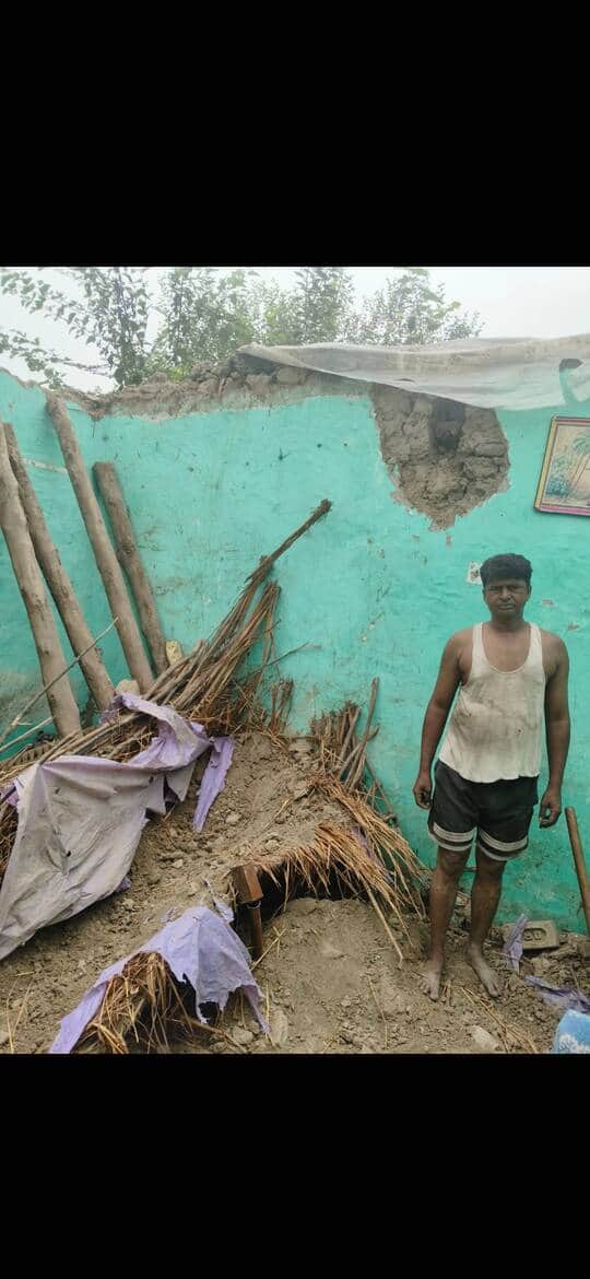 A mud house collapsed, and the family narrowly escaped.