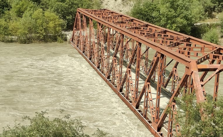 Jobrang Bridge submerged due to rising water level of the Chenab.