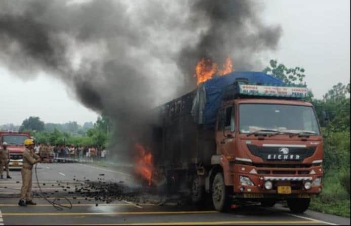 DCM truck catches fire on the highway