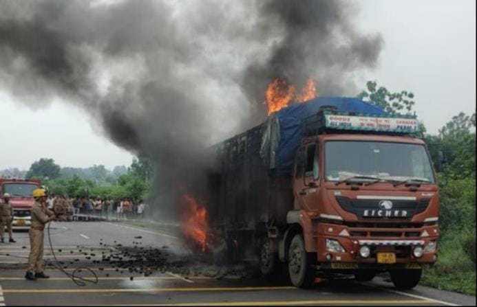 DCM truck catches fire on the highway