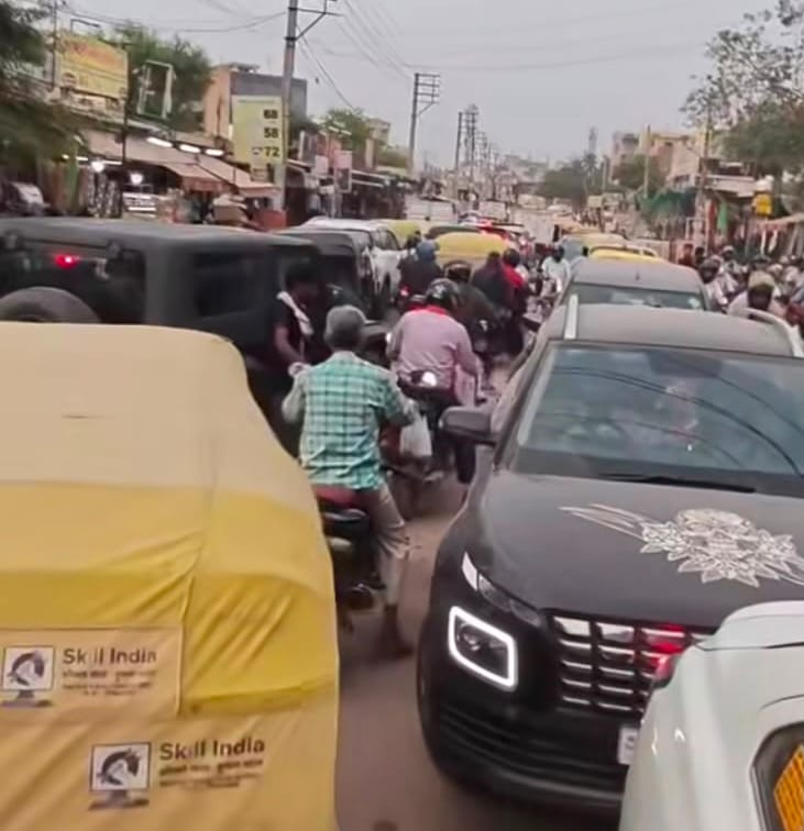 Traffic jams have become a common occurrence on the Palla-Sehatpur Road.
