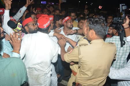 Outraged SP workers staged a sit-in protest over Akhilesh's arrest.