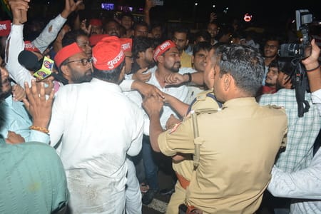 Outraged SP workers staged a sit-in protest over Akhilesh's arrest.