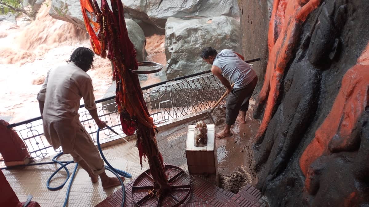Streams in spate at Kotla; shops suffer damage.