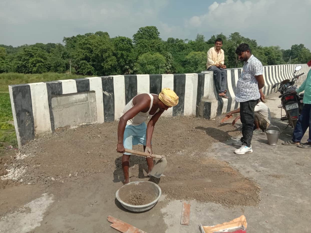Repair work begins on the approach road to the Magai River bridge that had subsided due to rain