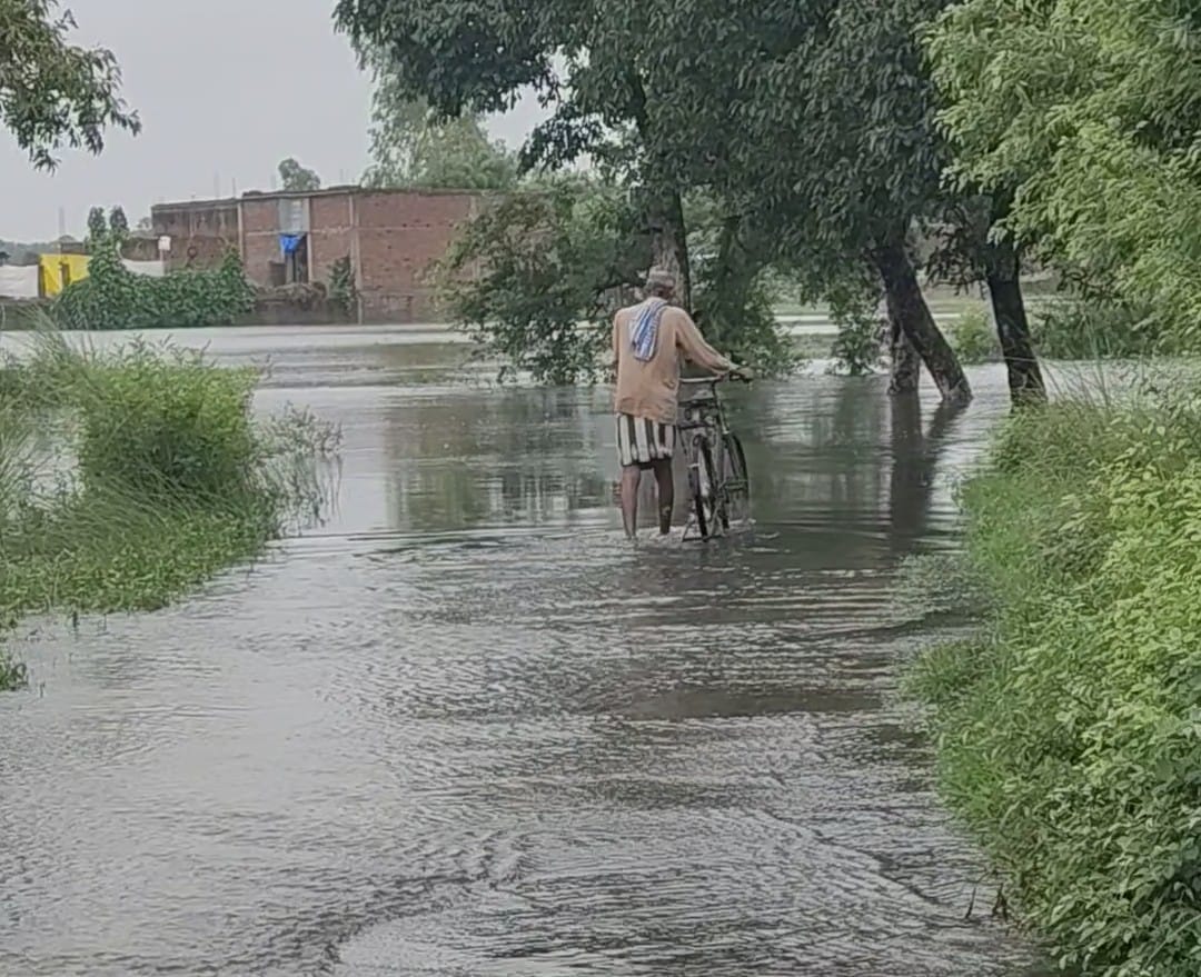 Rampur Meer-Ledwan connecting road submerged in rainwater.