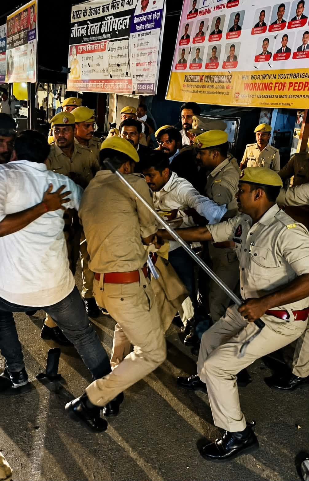 दिल्ली में अखिलेश यादव की गिरफ्तारी के बाद नगर की गाजीपुर तिराहा पर पुतला फूंकने जा रहे सपा कार