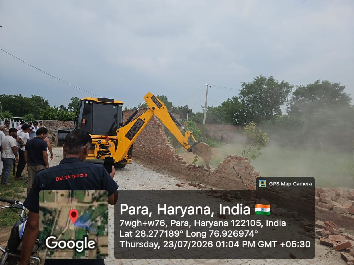 Encroachment on a panchayat drain removed in Hasanpur; boundary walls of 16 farmhouses demolished.