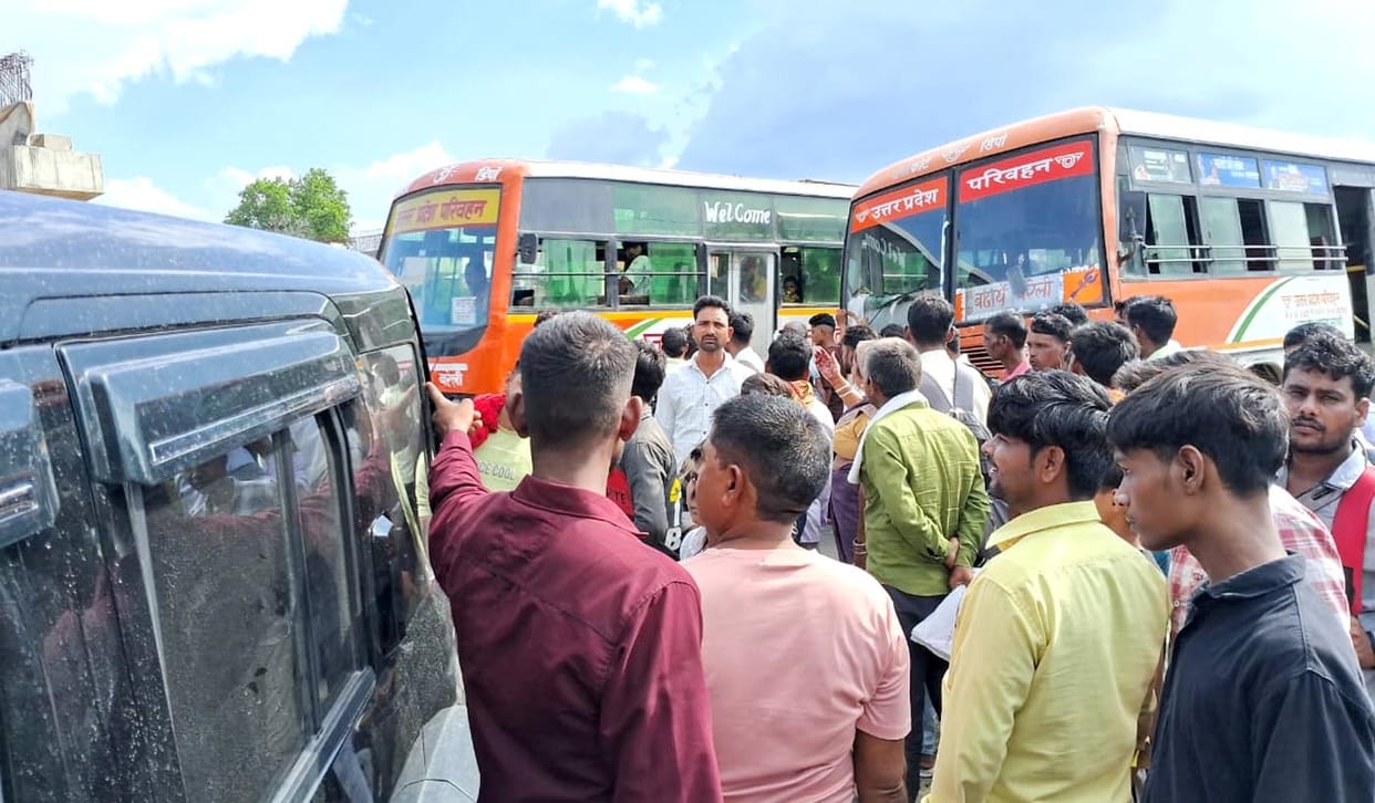 A bus collided with the 'Pradhan's' Thar-which had stopped after witnessing a collision between two motorcycles-leaving both vehicles damaged.