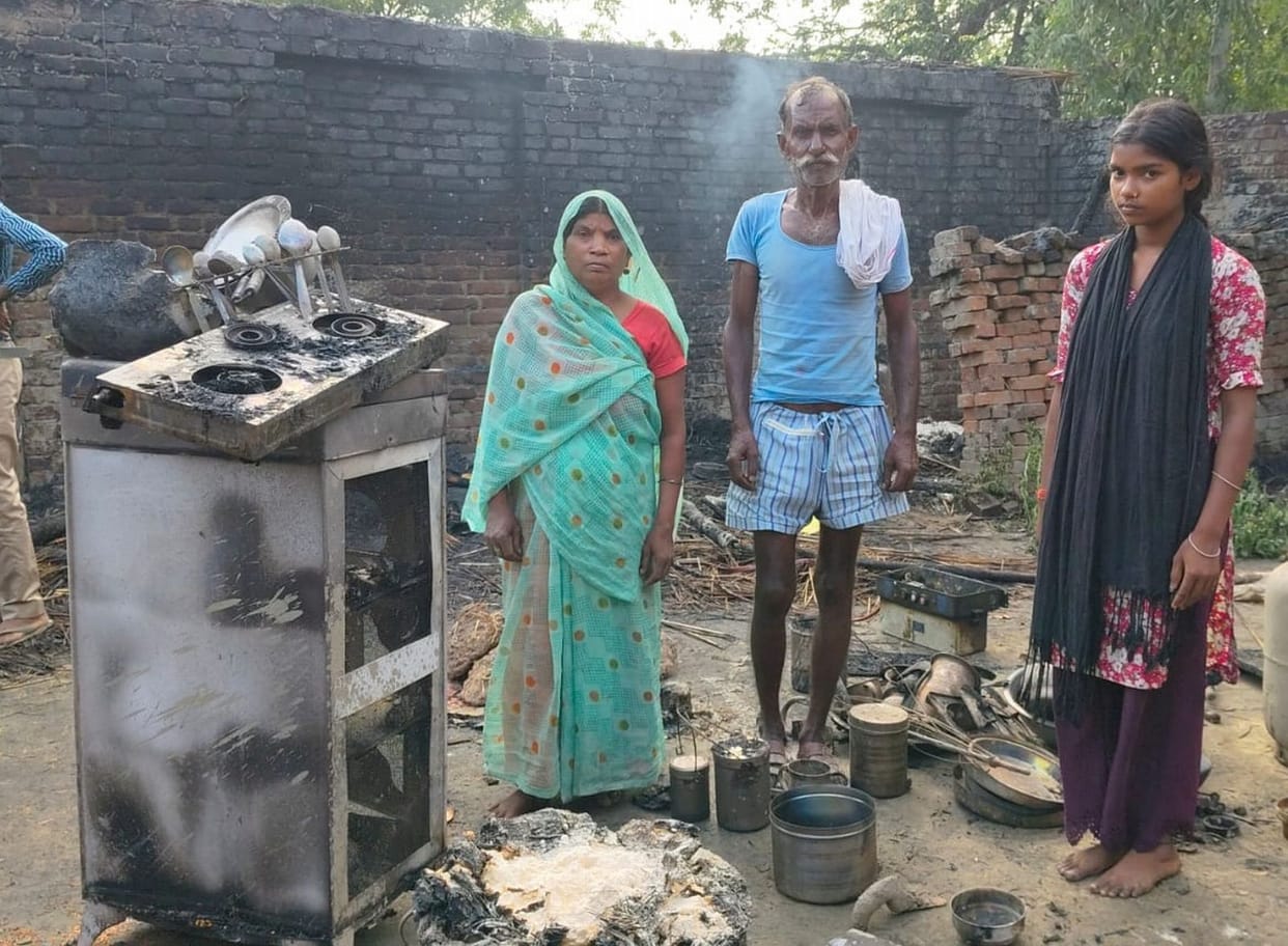The roof caught fire, burning all the household items.