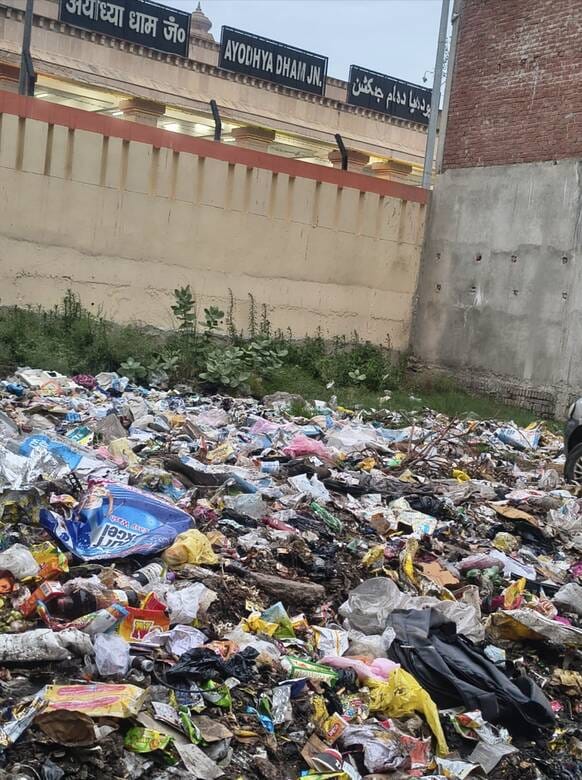 Heaps of filth near Ayodhya Dham Railway Station; people distressed by the stench and waterlogging