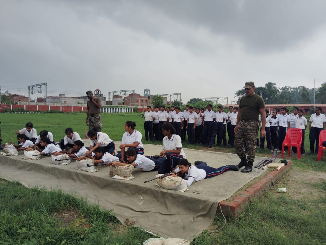 Cadets undergoing military training, including sports, shooting, and map reading.