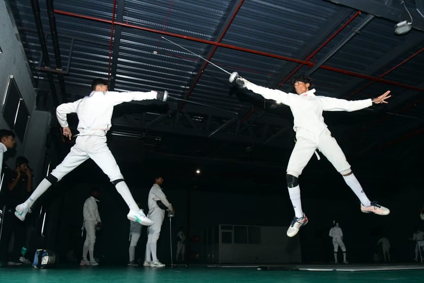 Trials for fencers seeking admission to the NCOE at Dr. Sampurnanand Sports Stadium, Sigra.