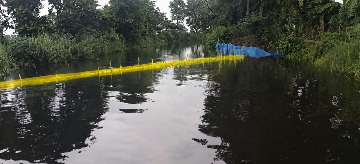 Drainage obstructed by mesh screens in the drain; crops submerged.