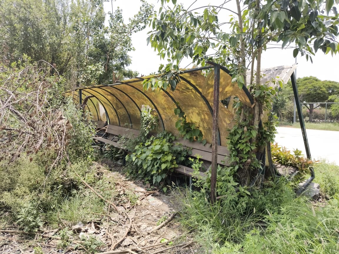 Basketball court at Rajiv Gandhi Sports Complex in dilapidated condition.