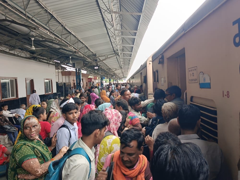 Crowds begin to swell on trains for the Mudia Purnima fair.