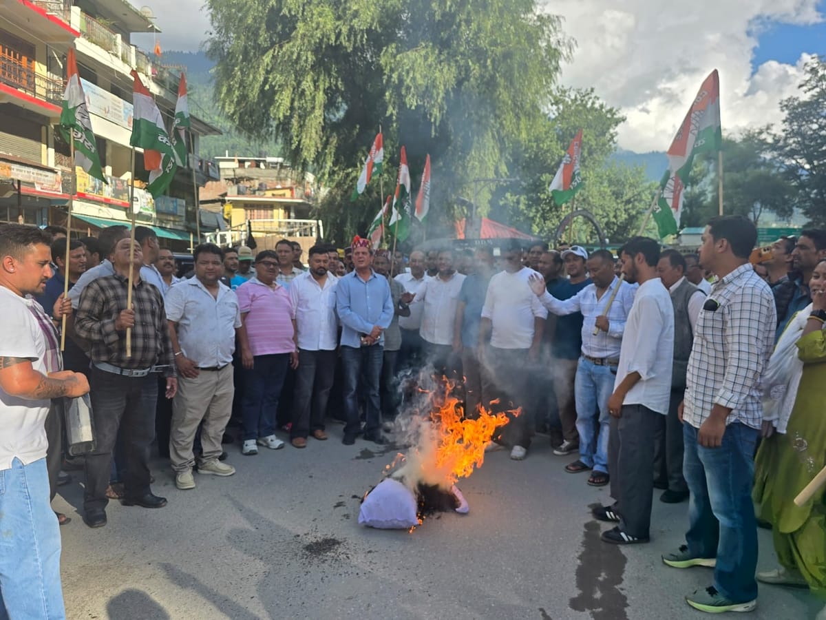 Kullu News: पतलीकूहल में कांग्रेस का प्रदर्शन, पीएम का पुतला फूंका