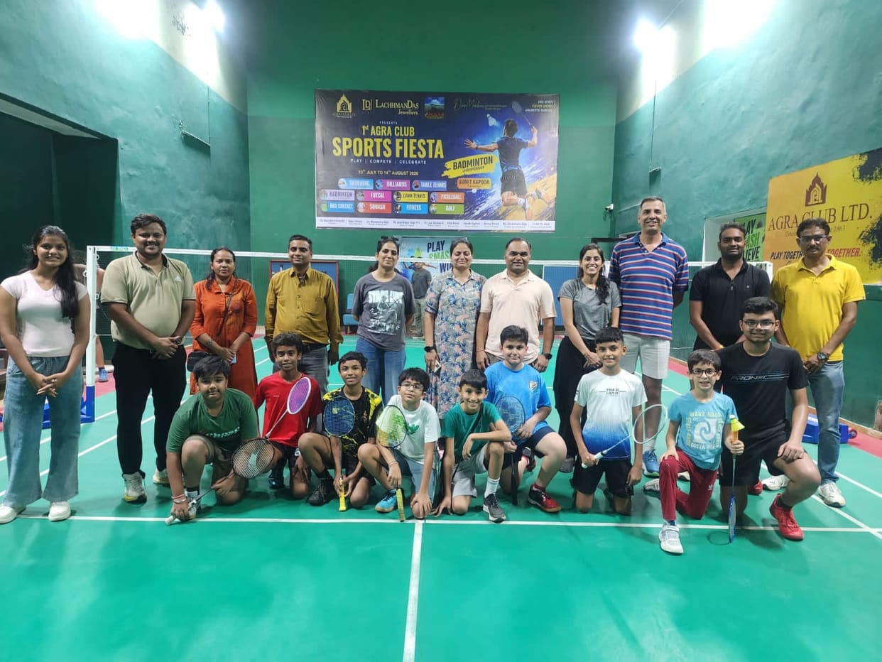 Badminton excitement at Agra Club Sports Fiesta; over 100 players showcasing their skills.