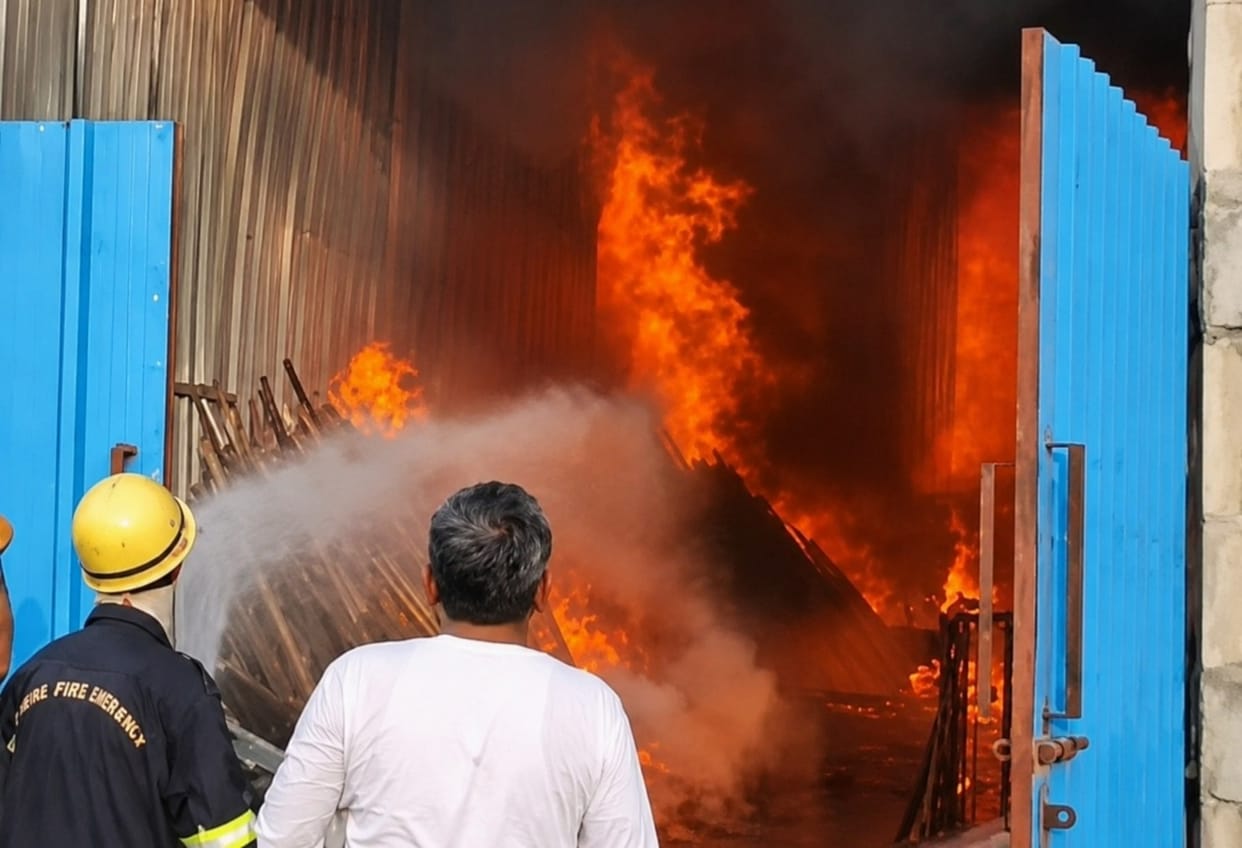 Massive fire breaks out at a plywood warehouse in Gokalgarh; losses estimated in the lakhs.