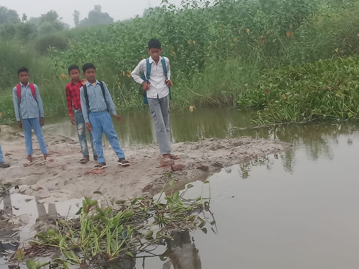 Students forced to wade through the filthy water of the Sivai drain due to the non-construction of a culvert.