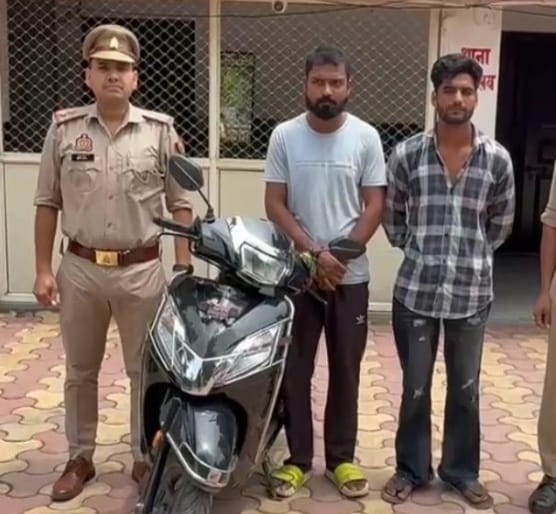 Two arrested with stolen scooter, one absconding.