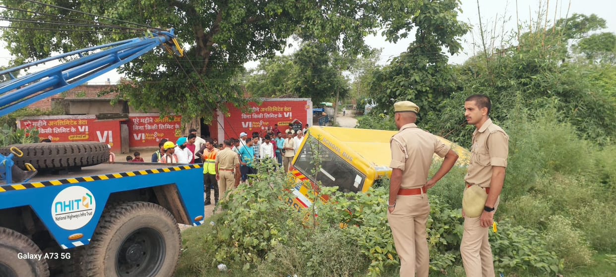 School bus collides with DCM and falls into ditch, 22 children survive