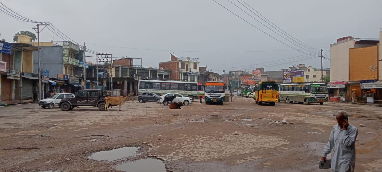 Jahu bus stand in poor condition; passengers troubled by potholes and stray animals.