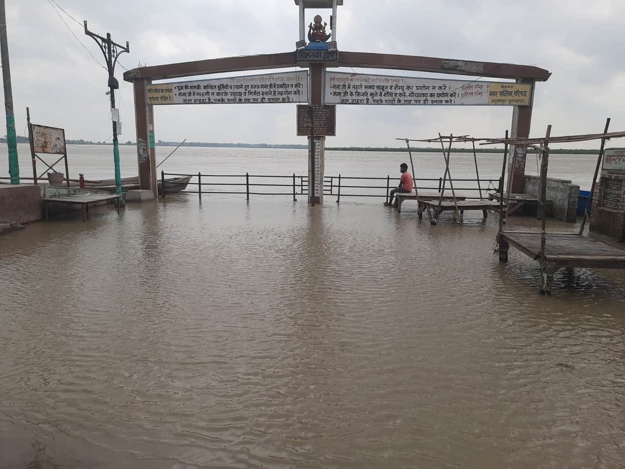 Ganga River in spate; water moving from the floodplain towards the fields.