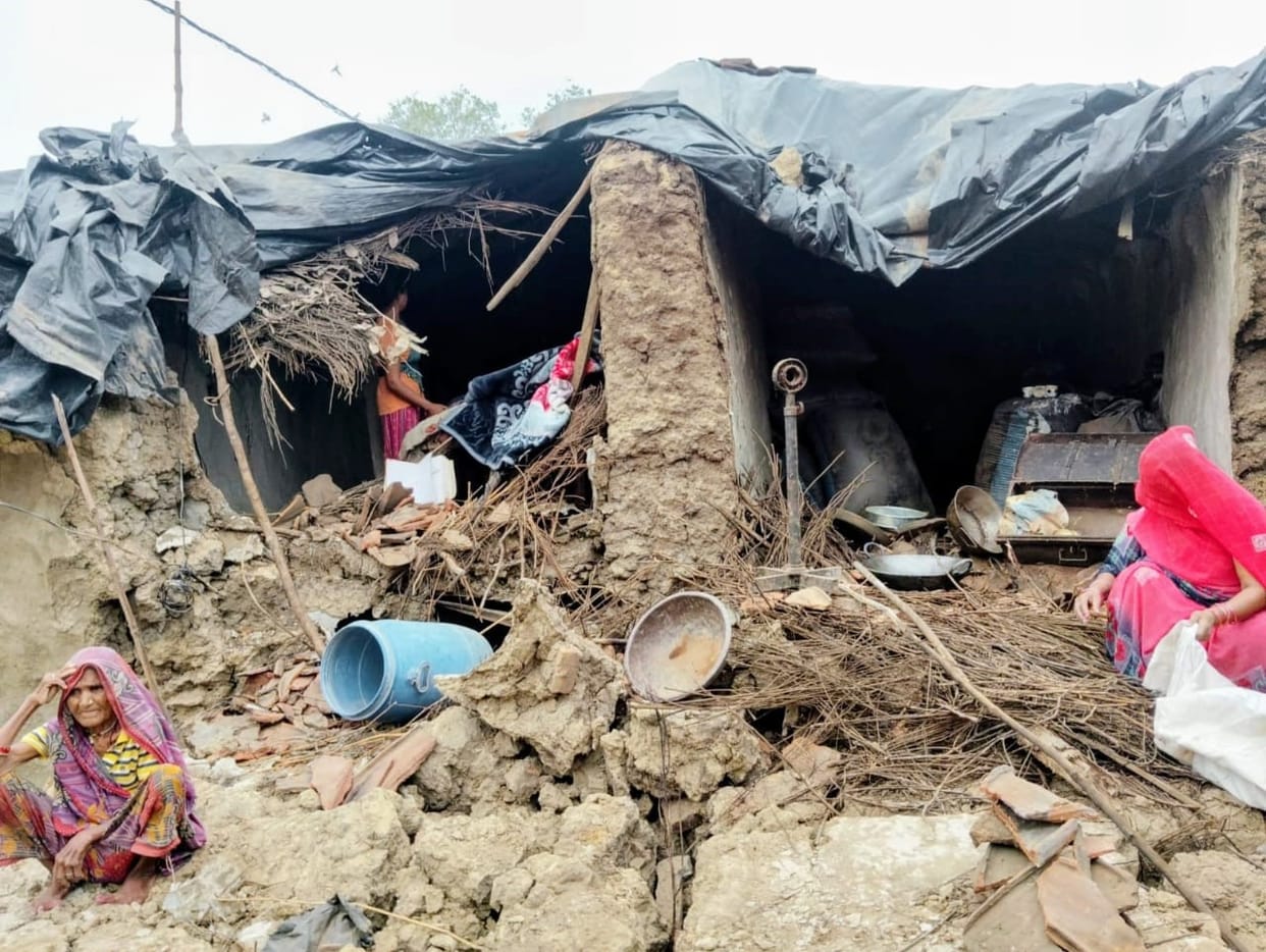 Wall of mud house collapses; household ruined.