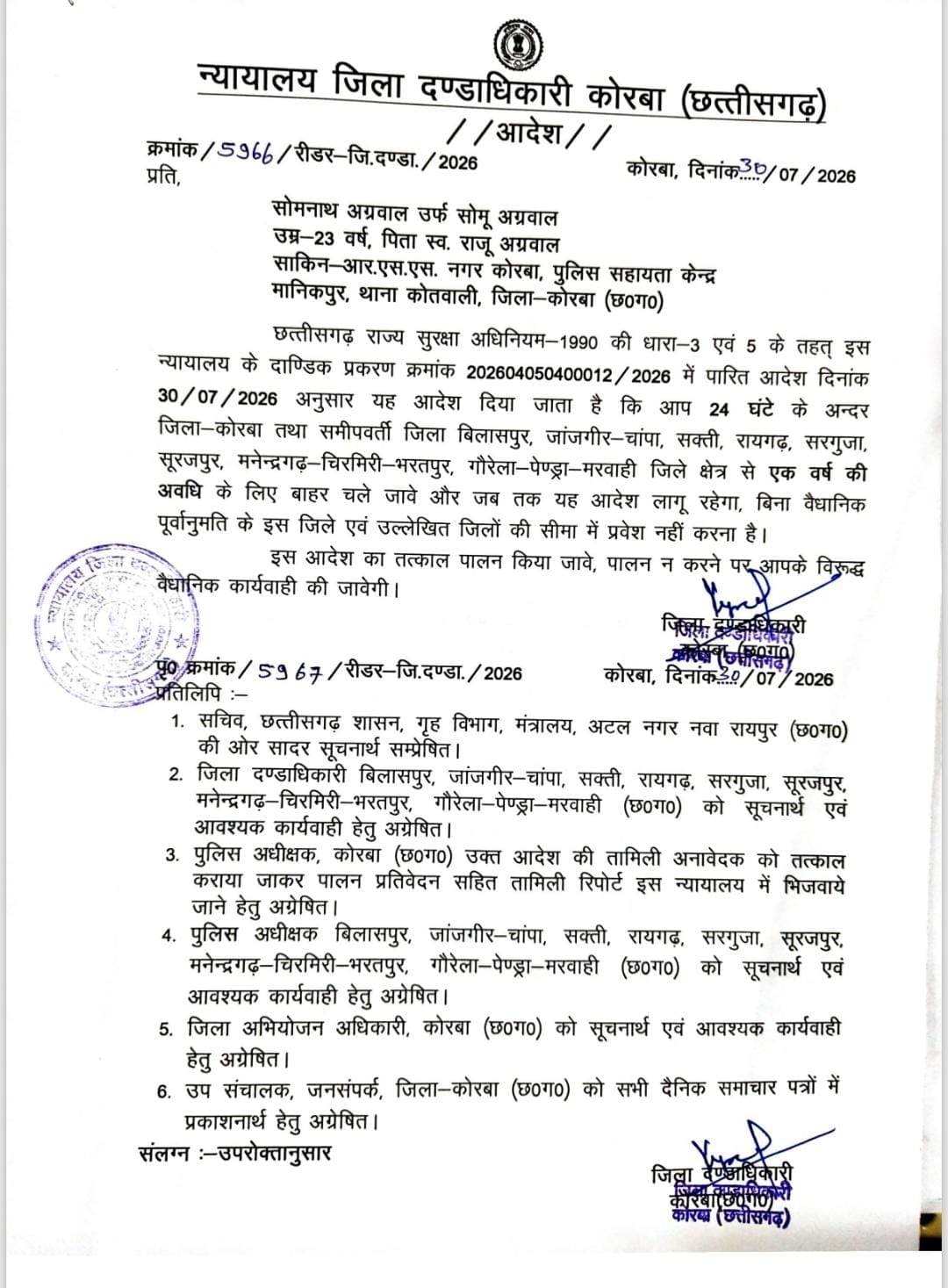 Habitual criminal Somu Agarwal banished from district for one year, barred from entering 9 districts