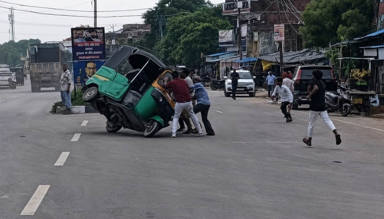 Tempo overturns after collision with truck; four injured, including a doctor.