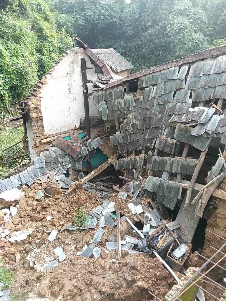 A mud house collapsed in Takoli village due to rain.