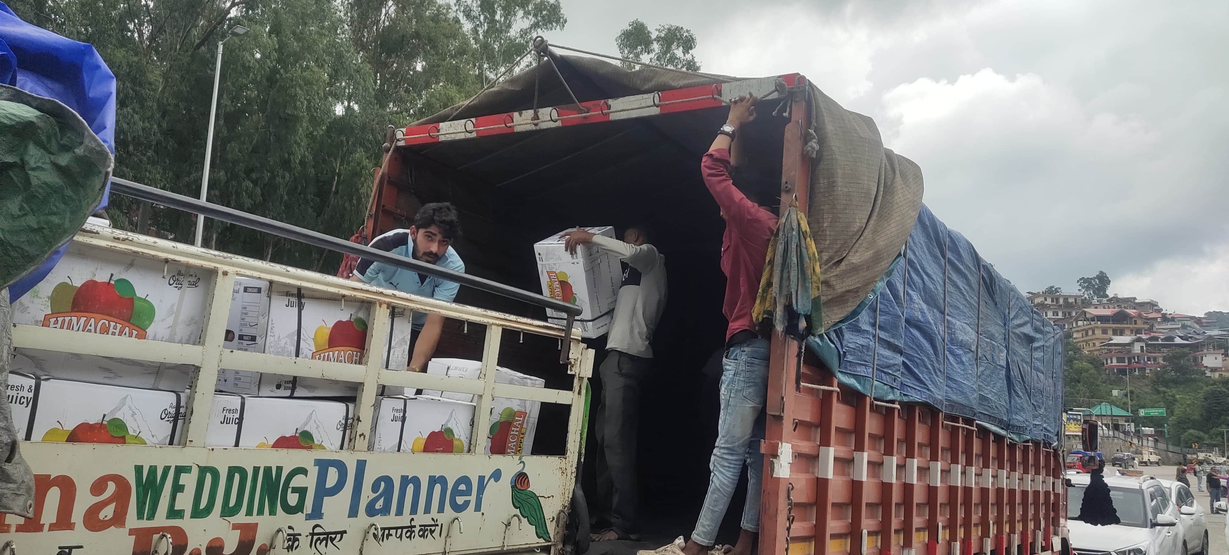 सेब मंडी में बाहरी राज्यों के लिए सेब की लोडिंग करते हुए। संवाद